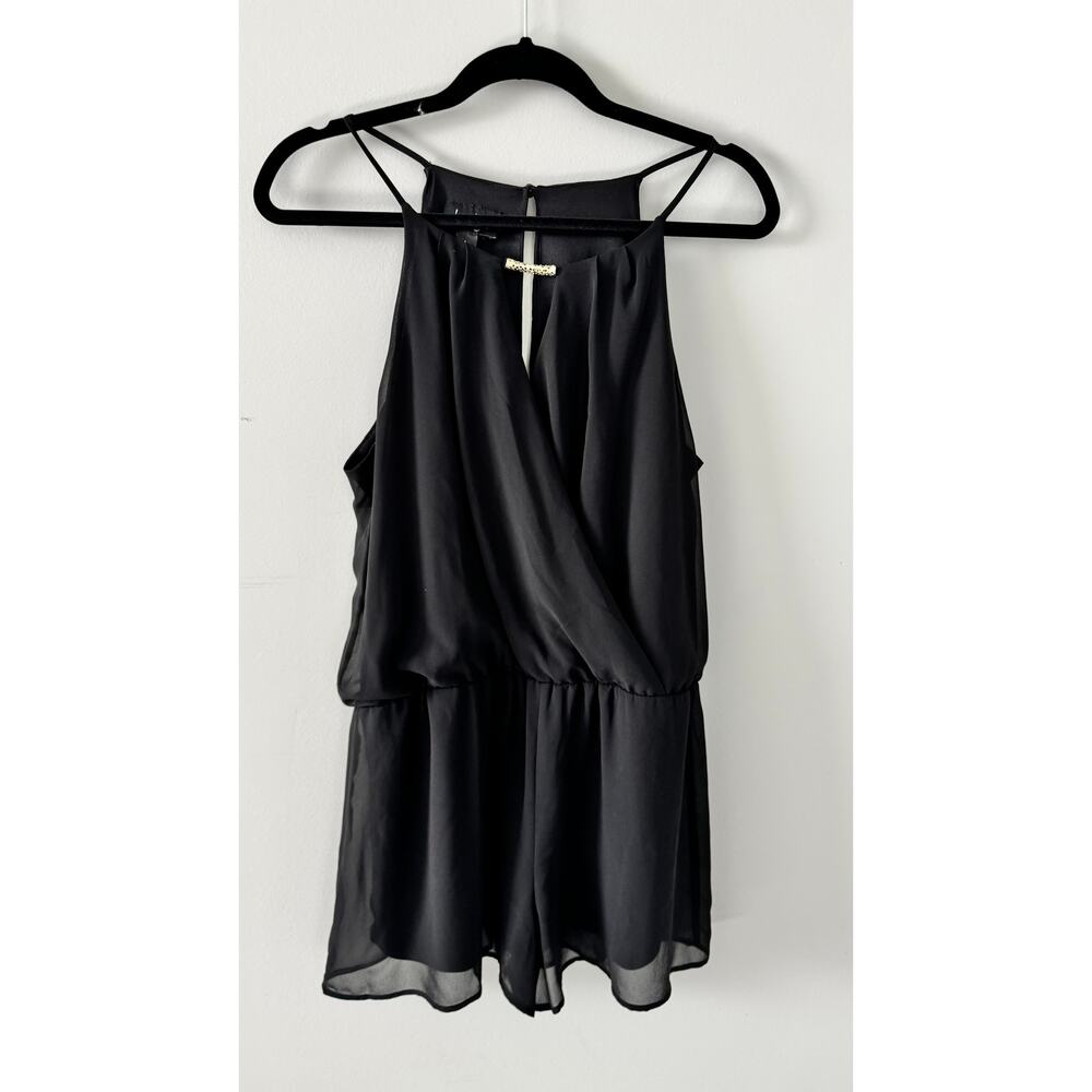 By & By Black Sleeveless Chiffon Romper Women’s Large – Keyhole Back